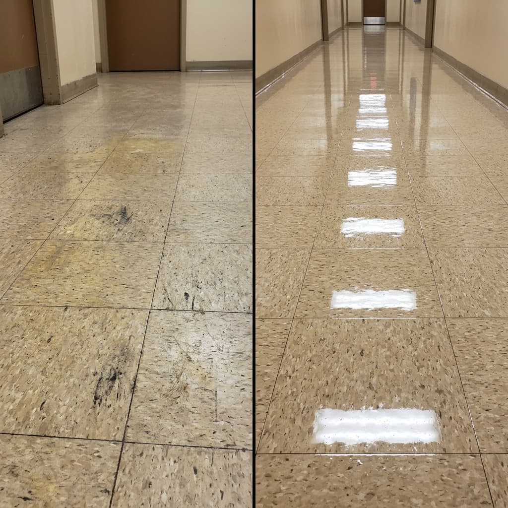Before and after of a stripped and waxed commercial tile floor