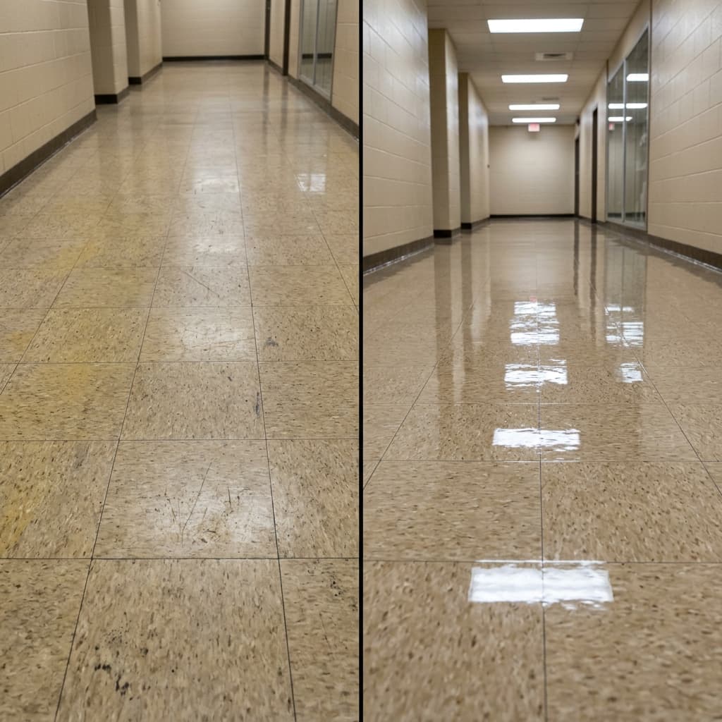Before and after of a commercial VCT tile floor stripped and waxed in Columbia, SC