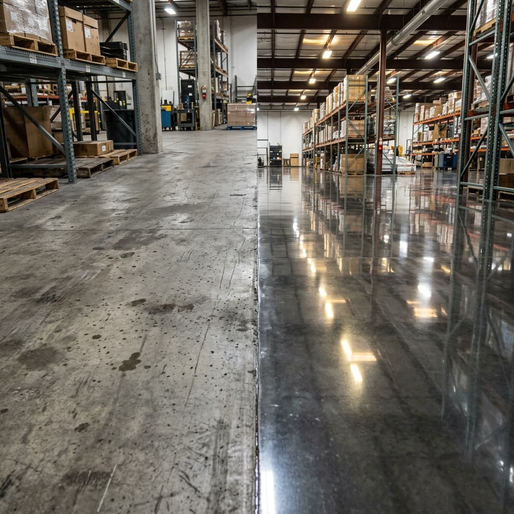 Before and after of a warehouse concrete floor cleaned and polished