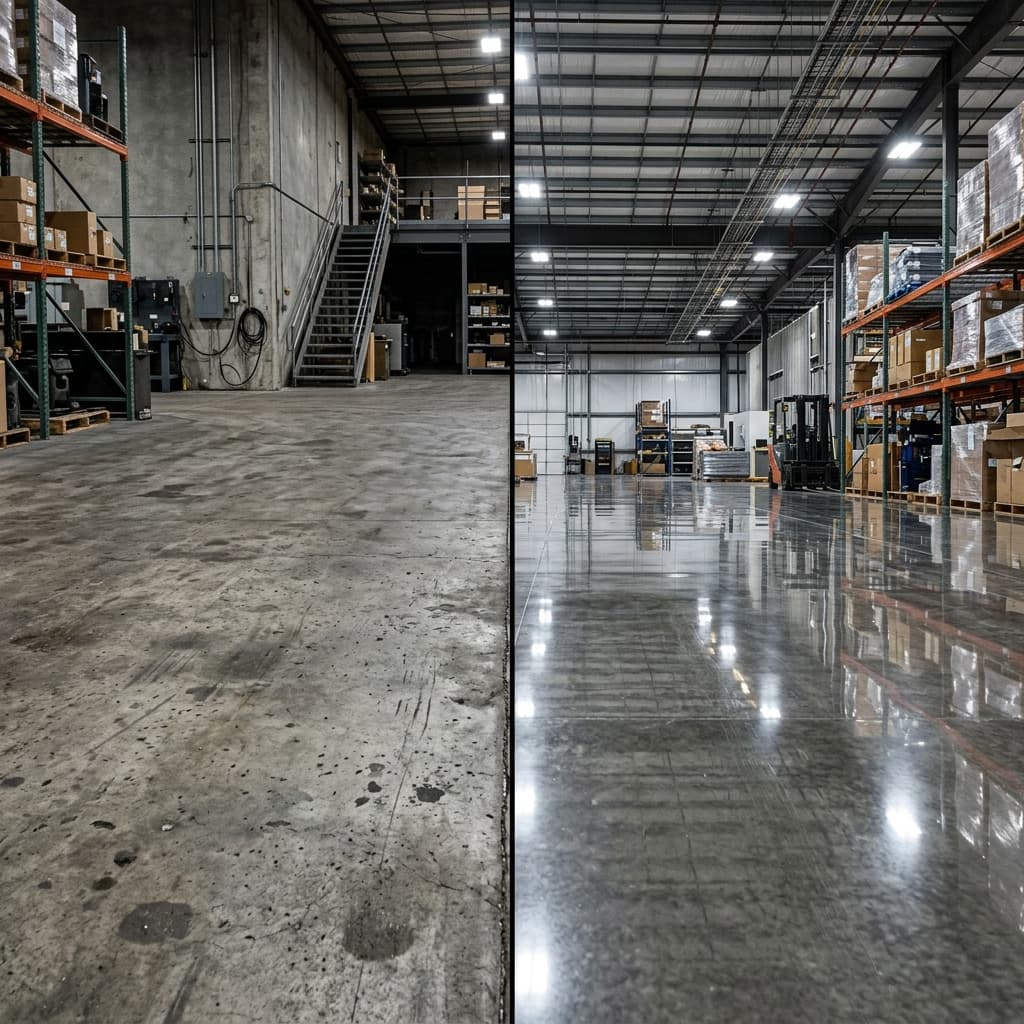 Before and after of a warehouse concrete floor polished